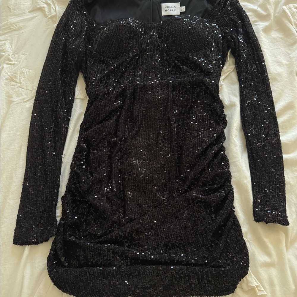 Hello Molly Ruched Black Sequin Mini Dress